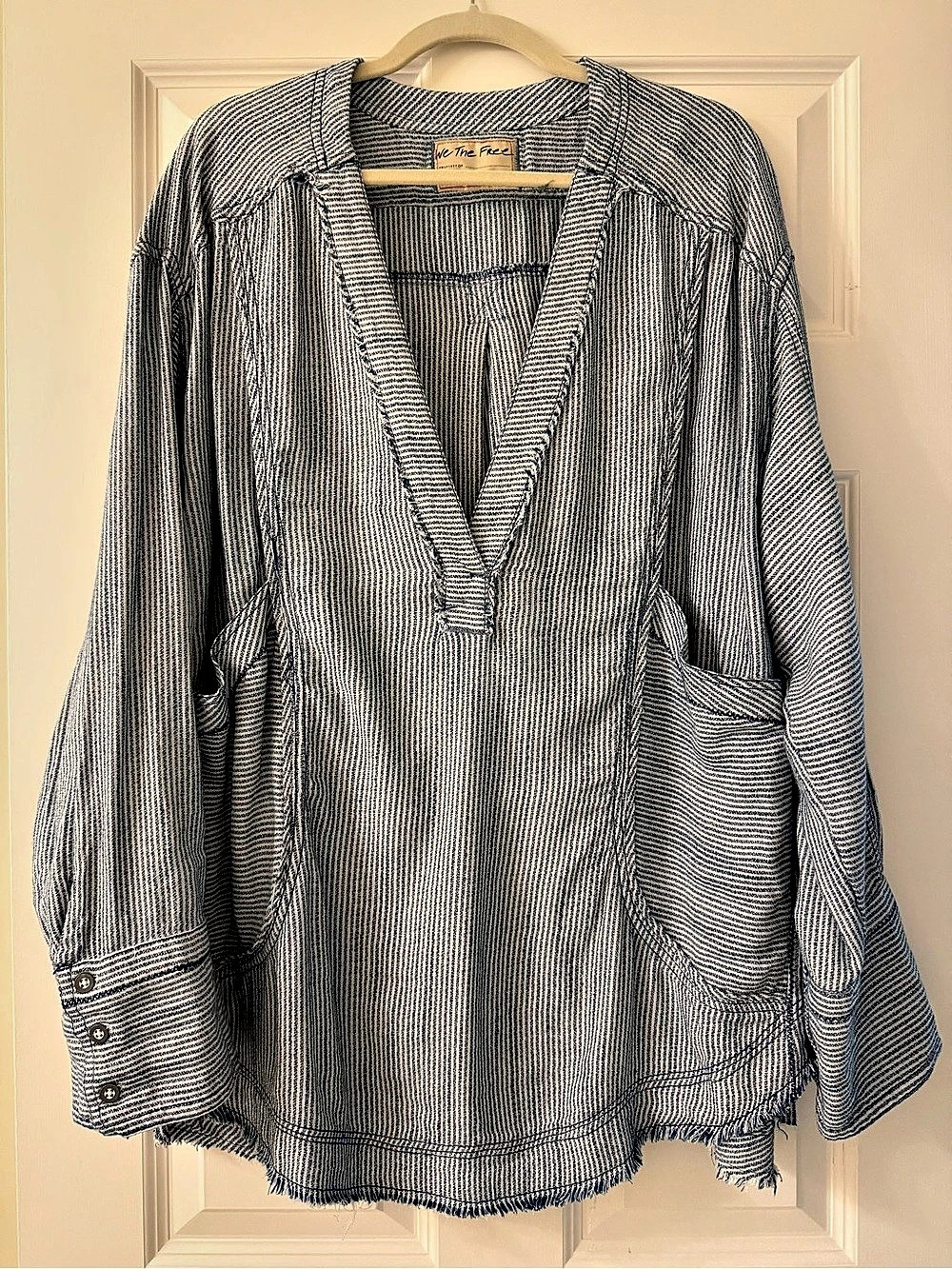 Free People Striped Tunic Top in Gray & White